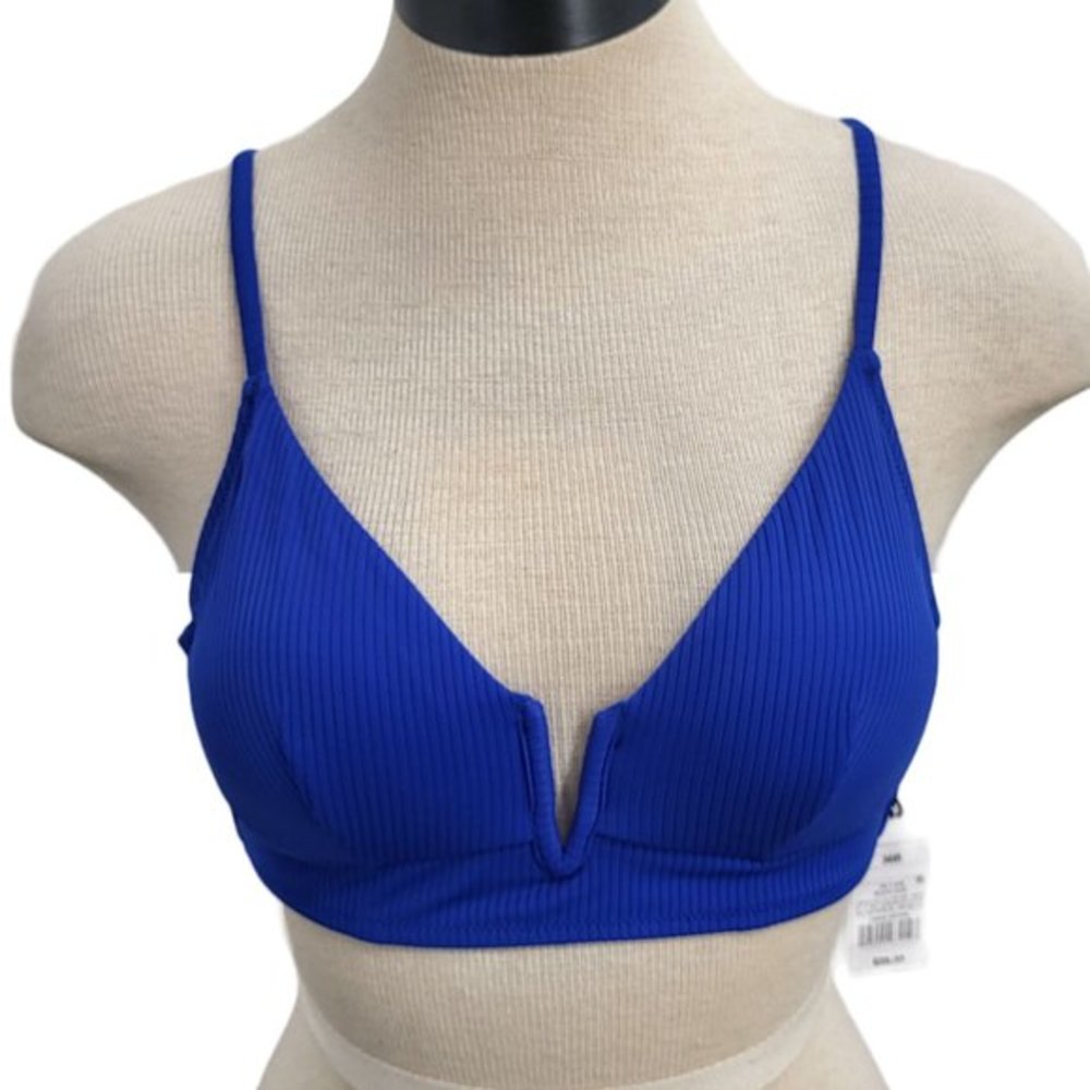 NWT Shade & Shore Womens Blue Ribbed V Wire Bikini‎ Swim Top Removeable Pads